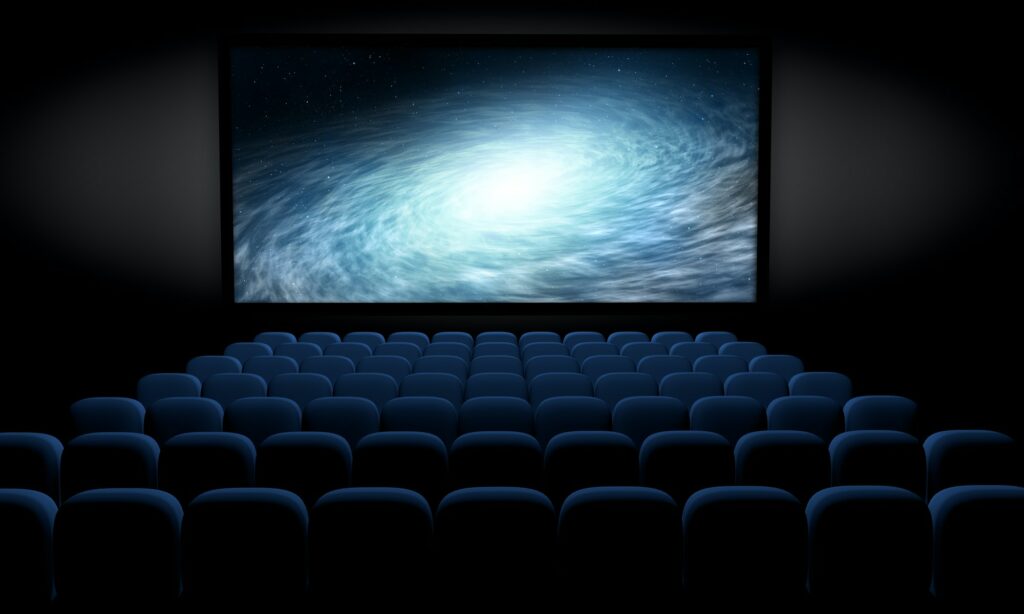 science fiction film in empty movie theater, 3d illustration